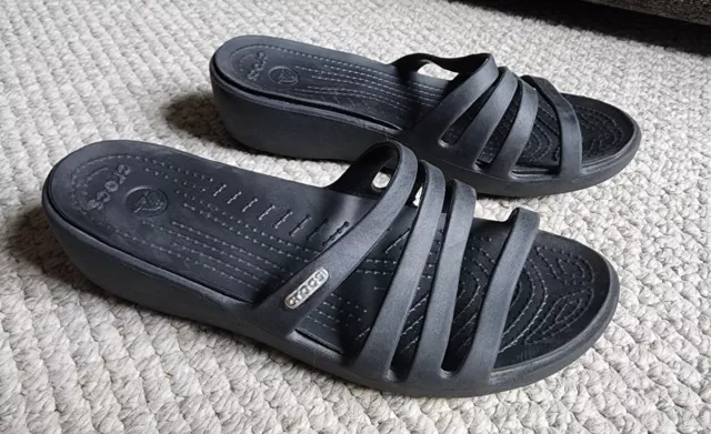 Crocs Rhonda Wedge Sandals Slip-On Strappy Slides Open Toe Black Women's Size 9