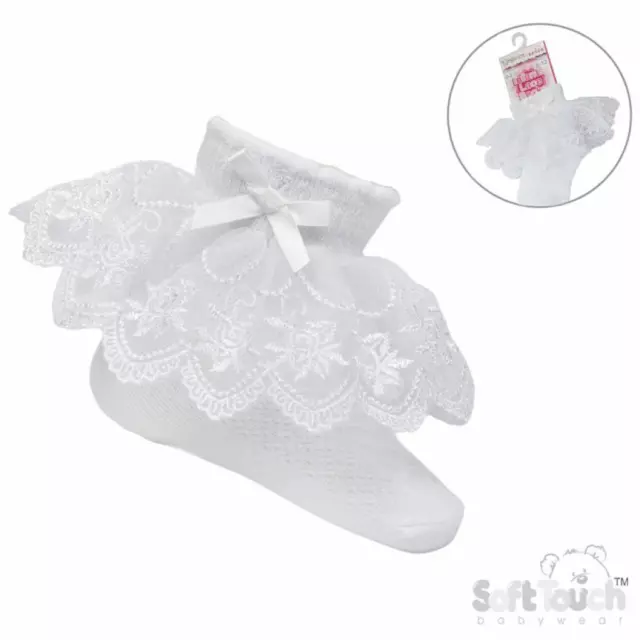 Baby Girls Frilly Lace Bow Ankle Socks White Soft Touch 0-24 Month