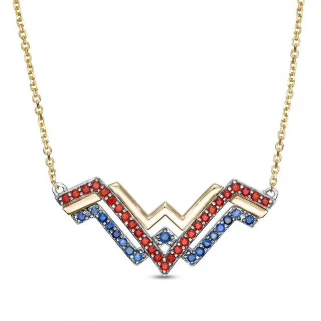 Garnet and Sapphire Wonder Woman Collection Symbol Necklace in Sterling Silver