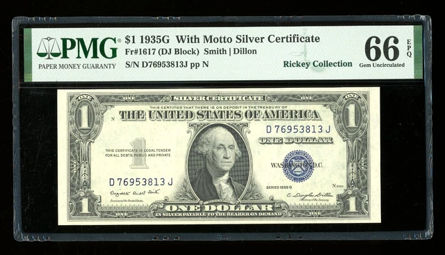 DBR $1 1935-G with MOTTO Silver Gem Fr. 1617 PMG 66 EPQ Serial D76953813J