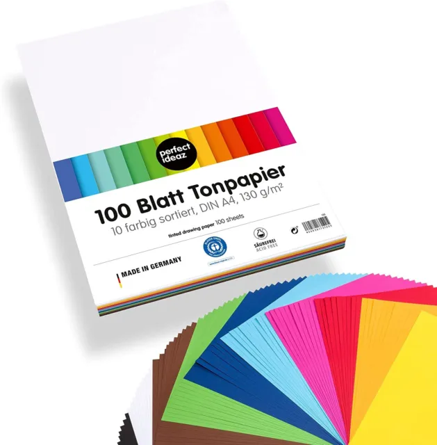 perfect ideaz •100 Blatt Ton-Papier DIN-A4, 10 Farben, 130g/m², MADE IN GERMANY