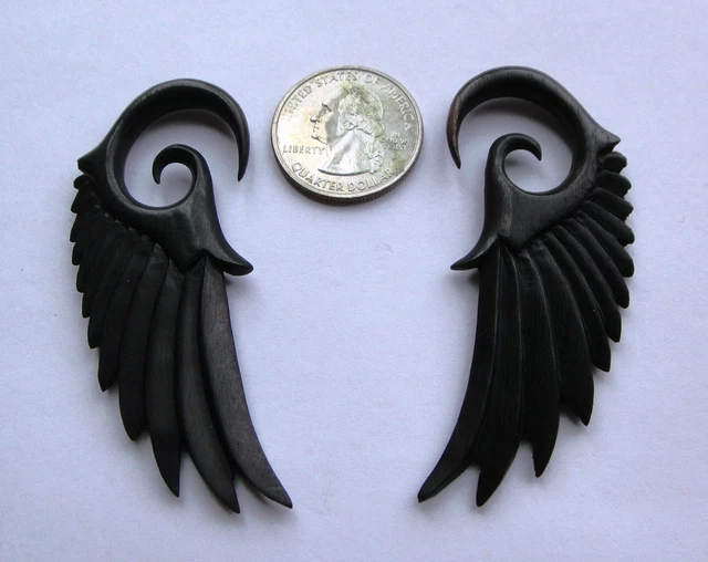 Pair Organic Angelic ANGEL WING Black Areng Wood Spiral Ear Expander Plugs Gauge