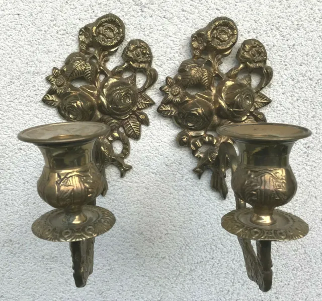 Pair Vintage German Victorian Heavy Brass Wall Single Candlesticks Ornate Roses