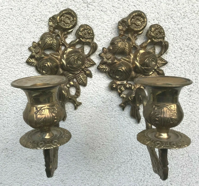 Pair Vintage German Victorian Heavy Brass Wall Single Candlesticks Ornate Roses