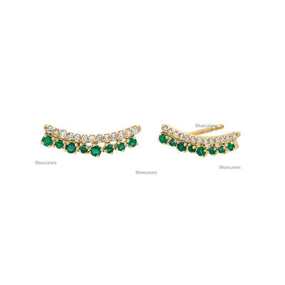 0.22ct Emerald &Natural Diamond Mini Curved Studs Earrings 14k Yellow Solid Gold