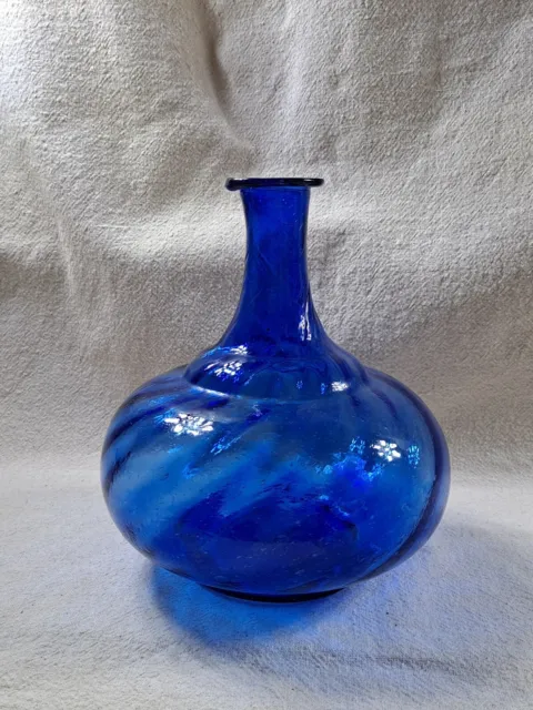 Handblown Cobalt Blue Optic Swirl Vase With Air Bubbles Gorgeous Pre-owned ✅️