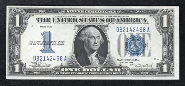 Fr. 1606 1934 $1 One Dollar “Funnyback” Silver Certificate About Uncirculated