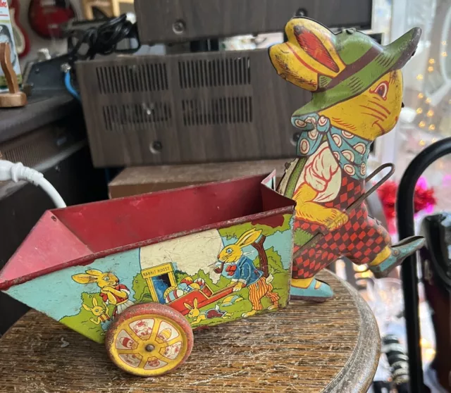 Vintage Chein Tin Litho Toy Easter Bunny Rabbit Pulling Wagon Cart w Wheels Cute