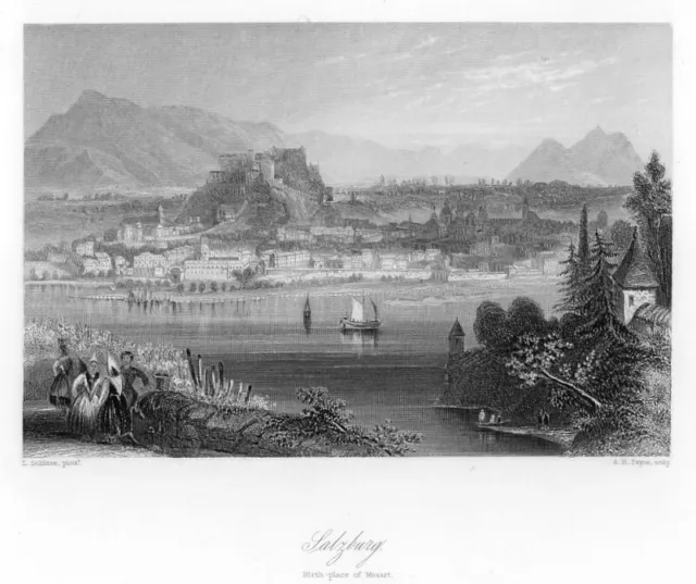 Salzburg, Österreich, Gesamtansicht, Original-Stahlstich von ca. 1860