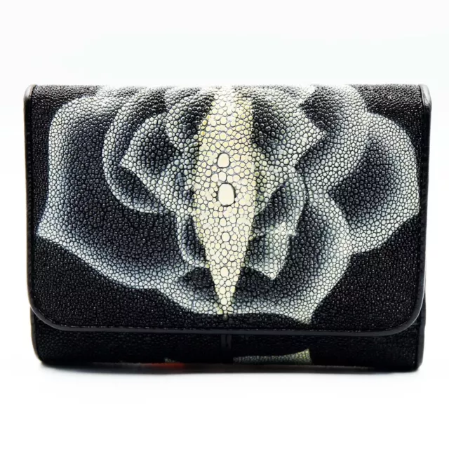 New Black Flower Genuine Leather Stingray Skin Women Tri-fold Clutch Wallet.