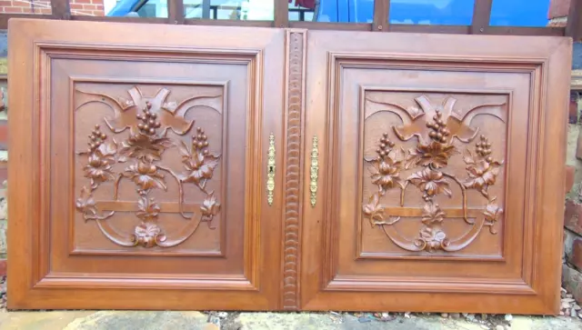 Pair antique French wood carved architectural door panels grapevine in relief