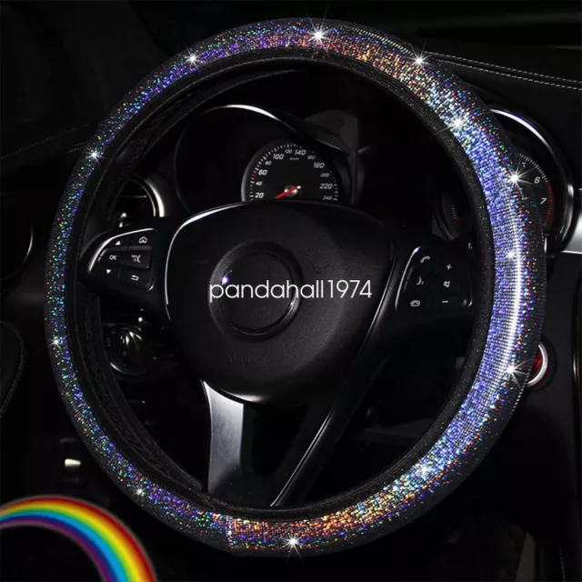 Universal 15" Black PU Leather Bling Glitter Car Steering Wheel Cover Protector