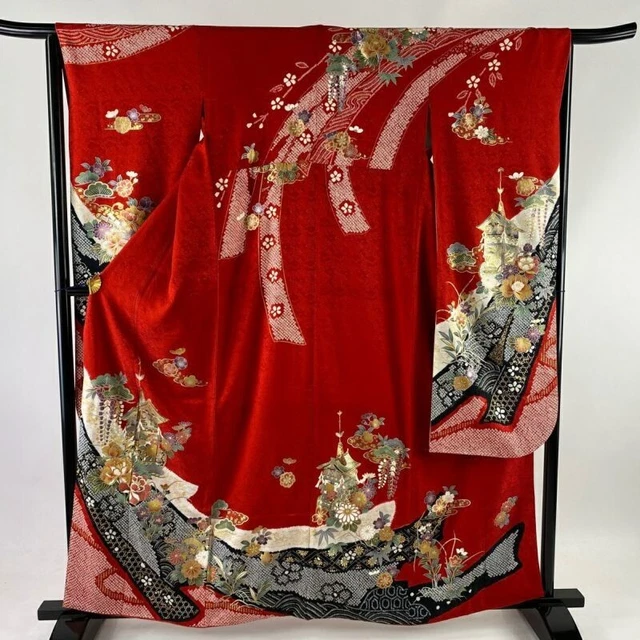 Woman Japanese Kimono Furisode Silk Yamaboko Pine Flower Gold Foil Shibori Red