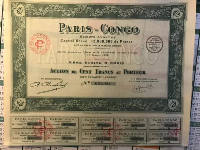 Paris Congo - Action de 100 Frs au Porteur 1928