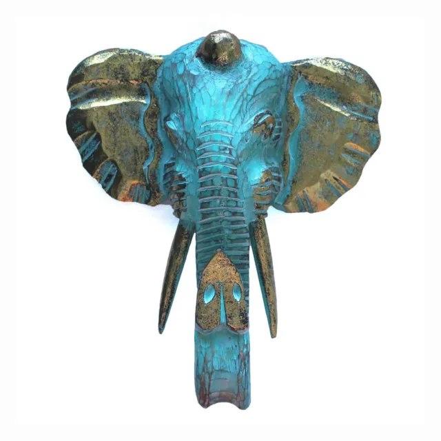 Wooden Carved Elephant Large Elephant Head Gold & Turquoise