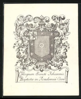 Exlibris Collegium Sancti Johannis Baptiste in Academis Oxon, Wappen mit Orname