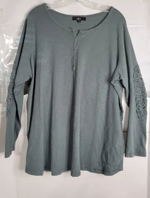 Ellos Womens Top Plus Size 1X 22/24 Tunic Cotton embroidered sleeves pine green