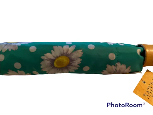 Vintage 90s Daisy Polka Dot Green Yellow Umbrella Wood Knob Leather Strap NOS