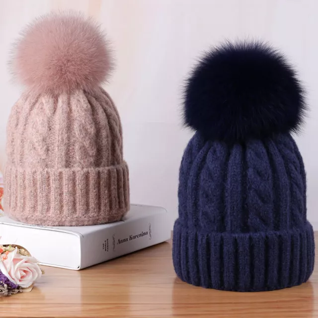 Women Hat Real Fox Cashmere Blend Knit Beanie Fur Pompom Ears Winter Slouchy Cap