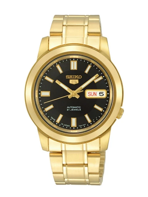 Seiko 5 SNKK22 Automatic Day-Date Black Gold Stainless Steel Mens Watch SNKK22K1
