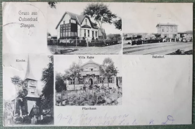 Ak Gruss aus Ostseebad Steegen (Stegna). Bahnhof, Kirche..., 1907 Pommern