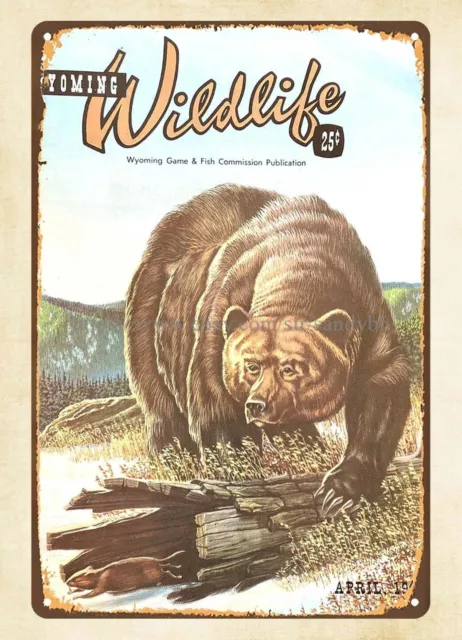 wall art decor 1966 Wyoming Wildlife magazine cover grizzley bear metal tin sign