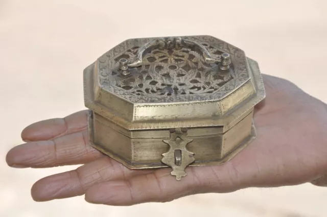 Old Brass Cut Work Mirror Fitted 4 Compartment Handcrafted Betel Nut Box