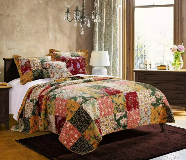 Beautiful Patchwork Vintage Antique Floral Pink Rose Red Green Blue Quilt Set
