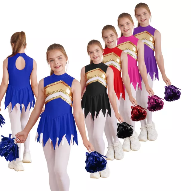 Kids Girls Cheer Leader Outfit Shiny Leotard Cheerleading Dance Dress Halloween