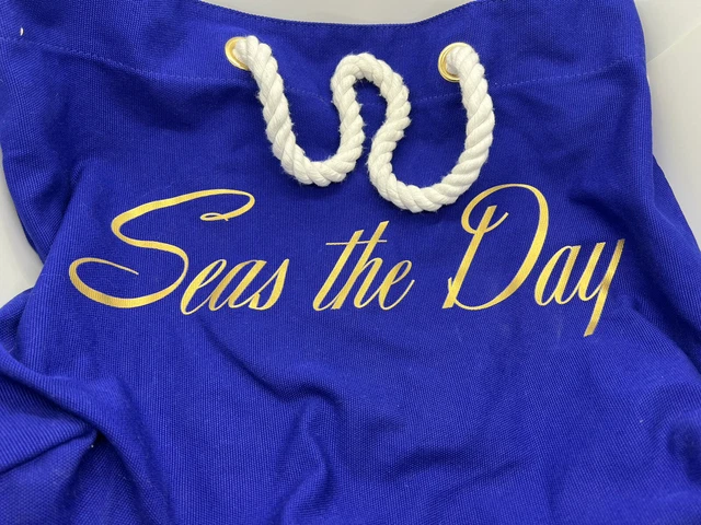 Trina Turk Canvas Beach Tote Bag "Seas The Day" Large Gold Letters Rope Handles
