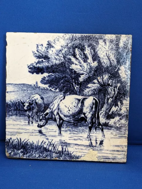 Antique Victorian Mintons Tile - Animals Of The Farm Series - Cows In Stream