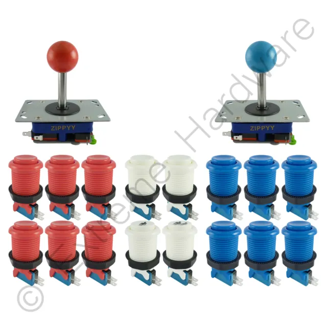 2 Player Arcade Control Kit 2 Ball Top Joysticks 16 Buttons Red/Blue JAMMA MAME