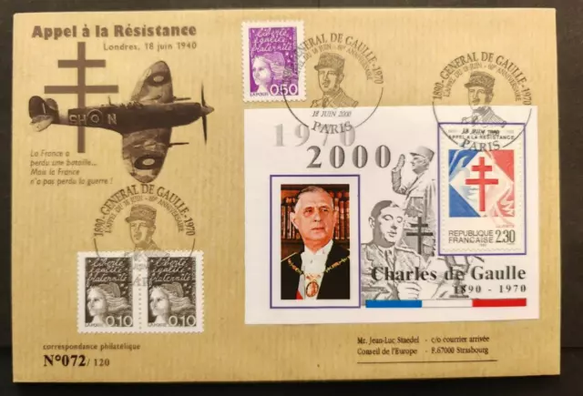 Gde Enveloppe 1ER JOUR fdc APPEL A LA RESISTANCE série limitée Oblit PARIS 2000