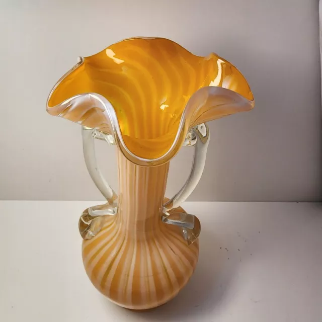 Vintage  Murano Inspired Orange&lemon Candy Striped Art Glass Vase Mid Century.