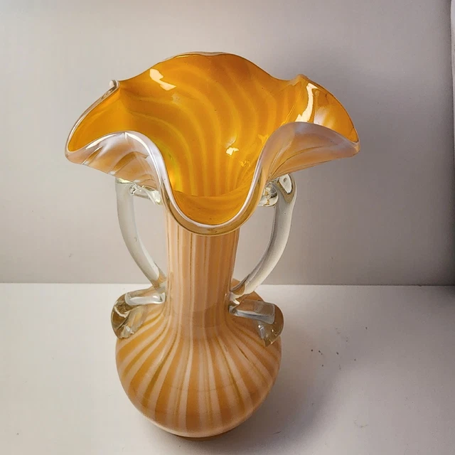Vintage  Murano Inspired Orange&lemon Candy Striped Art Glass Vase Mid Century.