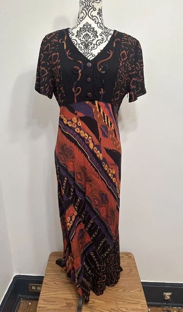 Vintage Carole Little Women Short Sleeve V Neck ethnic Print shirt Dress size 12