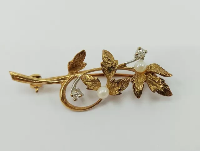 9ct Yellow Gold Diamond & Pearl Floral Brooch