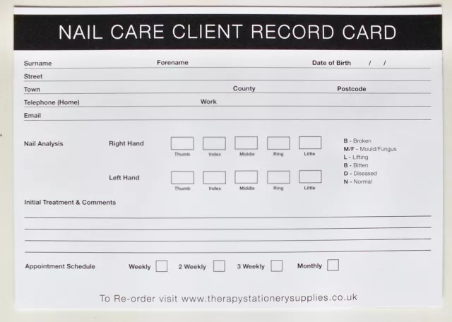 SALON - THERAPIST Nail Care Client Record Card (50 pack) A5 Size