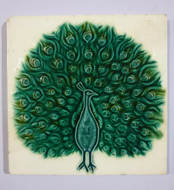 Vintage Majolica Tile PEACOCK 6in x 6in Japan 5477