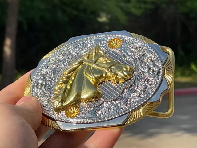 Western Gold Silver Buckle Rodeo Cowboy Buckle 2'' Horse Head Caballo Hebilla