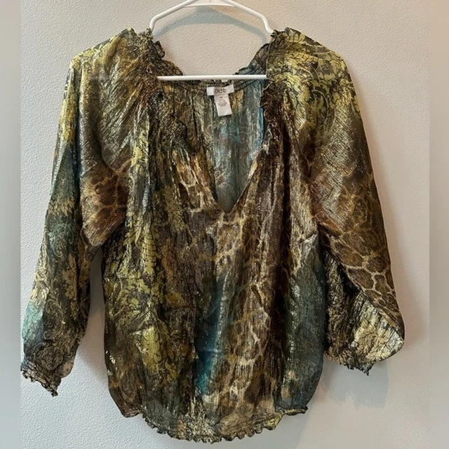 Vintage Cache Silk Lurex Animal Print Gold Sheer Blouse V Neck Size XS