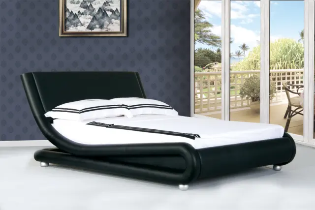 Black Leather Bed Italian Designer 4Ft6 Double 5Ft Kingsize Memory Foam Mattress