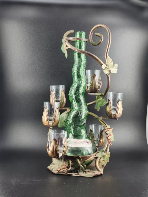 Italian Green Twisted  Bottle / with wrought iron service / with 6 Glasses