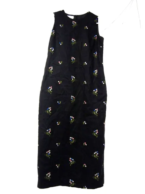 Talbots Womens Dress 8P Shift Irish Linen Black Floral Midi Embroider Sleeveless