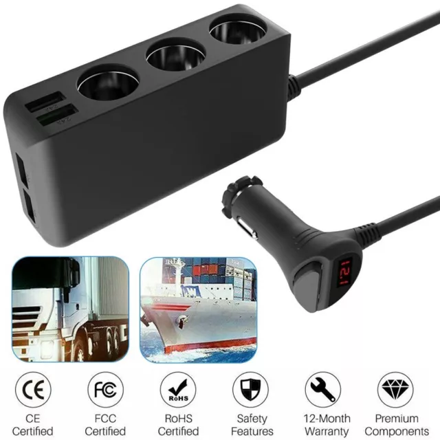 Retoo Zigarettenanzünder Verteiler mit 2 Mehrfach Steckdose,Voltmeter und 2  USB, 12V/24V, 3.1A Quick Charge, Auto Ladegerät, Anschlüsse für Handy