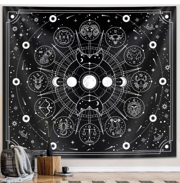 Zodiac Astrology Tapestry Black & White Concise Constellation  59W in x 51 H in