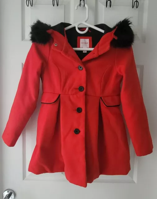 Cat and Jack Red jacket Pea coat Girls with faux fur lined hood Size M 7/8 Kids