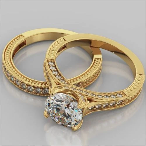 2Ct Künstlicher Cvd Diamant Verlobungsring 14K Gelbgold Band Set Größe 5 6 7