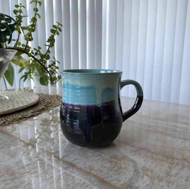 Bosmarlin Large Ceramic Coffee Mug 21 Oz Drip Glaze Blue and Brown 4.5 in.