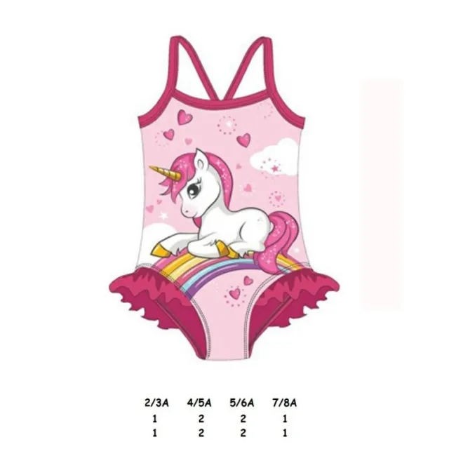 Costume da bagno intero per bambina rosa con Unicorno e volant da 2 a 8 anni